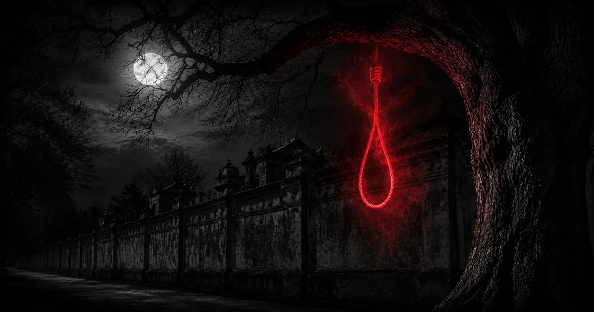 Árbol junto a las vías del ferrocarril en Chacarita bajo la luna llena, con una figura semitransparente colgando de una rama, envuelta en bruma roja