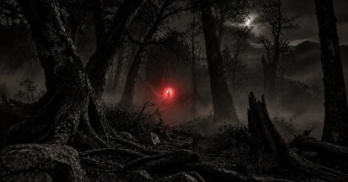Una pequeña esfera de luz flotando a baja altura en un bosque patagónico de noche, con la silueta ambigua de una figura pequeña insinuada en su interior, y un tenue resplandor rojo tiñendo la niebla