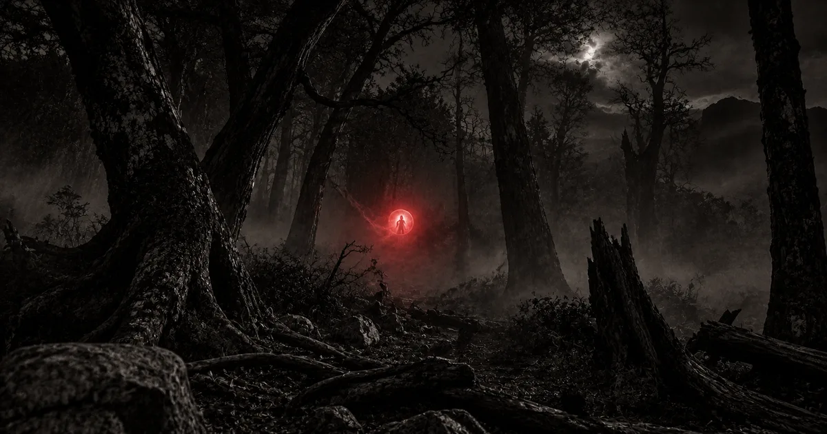 Una pequeña esfera de luz flotando a baja altura en un bosque patagónico de noche, con la silueta ambigua de una figura pequeña insinuada en su interior, y un tenue resplandor rojo tiñendo la niebla