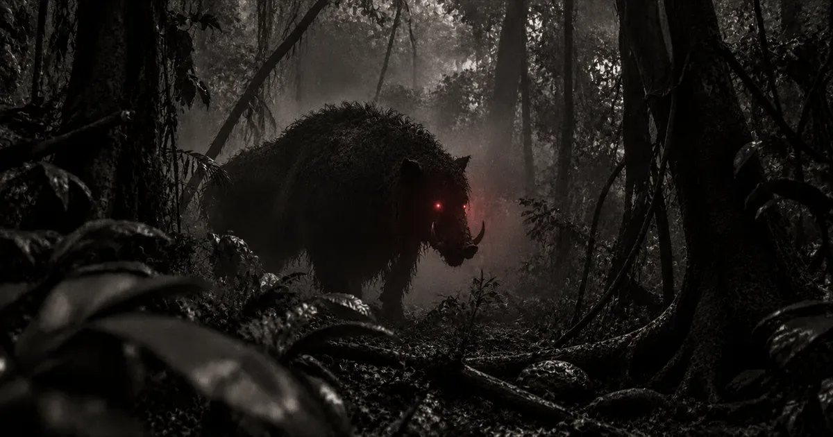 La silueta oscura y ambigua de una bestia cuadrúpeda de pelaje áspero y cabeza de jabalí entre la espesura de una selva guaraní, con un tenue resplandor rojo en los ojos y la niebla