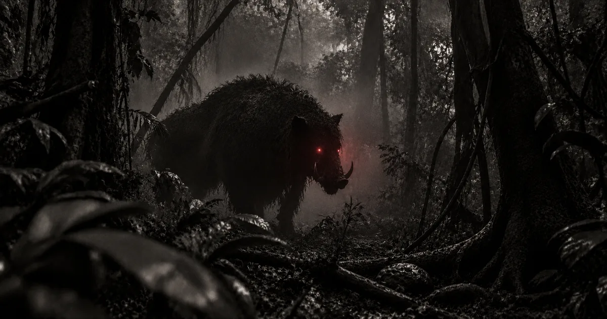 La silueta oscura y ambigua de una bestia cuadrúpeda de pelaje áspero y cabeza de jabalí entre la espesura de una selva guaraní, con un tenue resplandor rojo en los ojos y la niebla