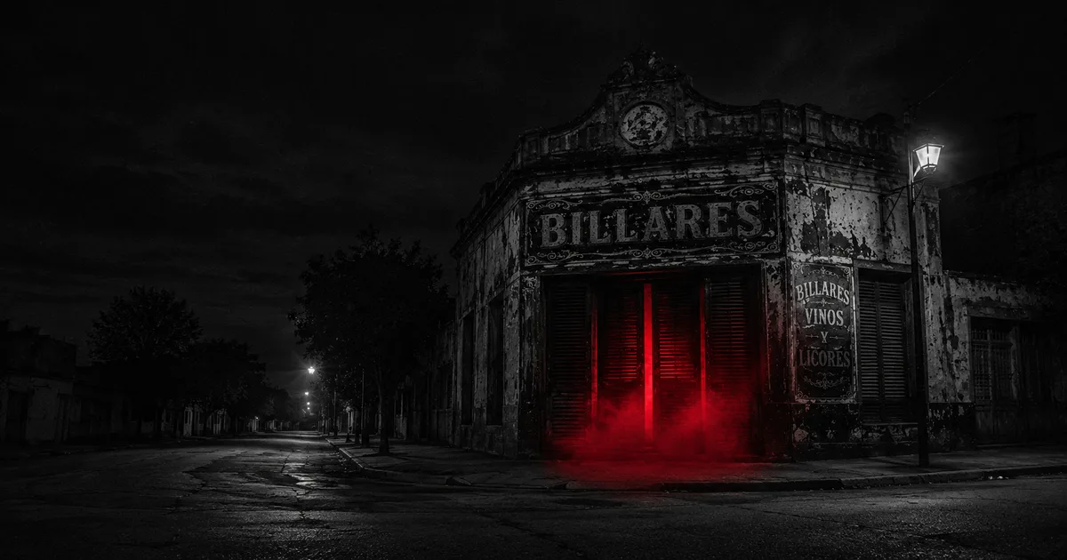 Fachada nocturna y abandonada del bar Billares en Lomas de Zamora, con un resplandor rojo y niebla saliendo entre las persianas cerradas