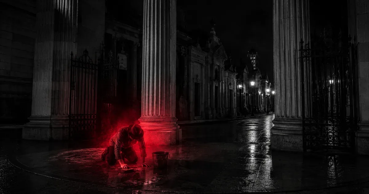 Entrada del Cementerio de la Recoleta de noche, con la figura de un viejo celador fregando el suelo envuelto en una bruma roja espectral