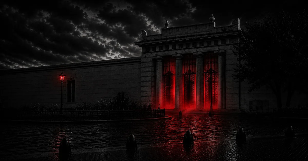 El pórtico neoclásico de columnas del Cementerio de la Recoleta de noche, con una bruma roja emanando entre las columnas y reflejándose sobre los adoquines húmedos