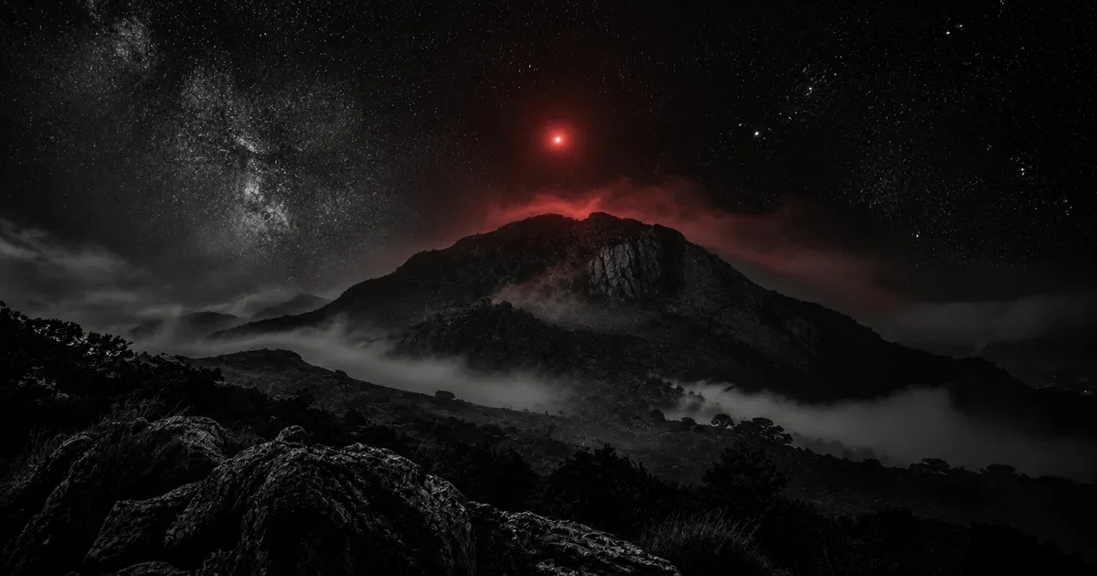 La silueta del Cerro Uritorco recortada contra un cielo nocturno estrellado, con una luz roja anómala suspendida sobre su cumbre entre la niebla