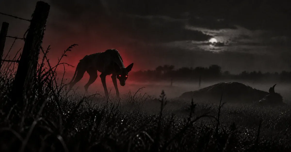 La silueta ambigua de una criatura agazapada de ojos rojos entre los pastizales de un campo pampeano de noche, junto a la sombra de una res caída, con un tenue resplandor rojo en la niebla