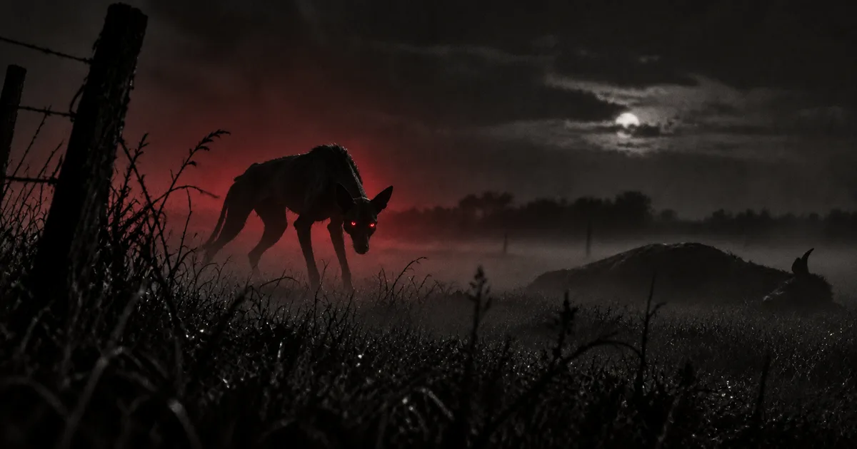 La silueta ambigua de una criatura agazapada de ojos rojos entre los pastizales de un campo pampeano de noche, junto a la sombra de una res caída, con un tenue resplandor rojo en la niebla