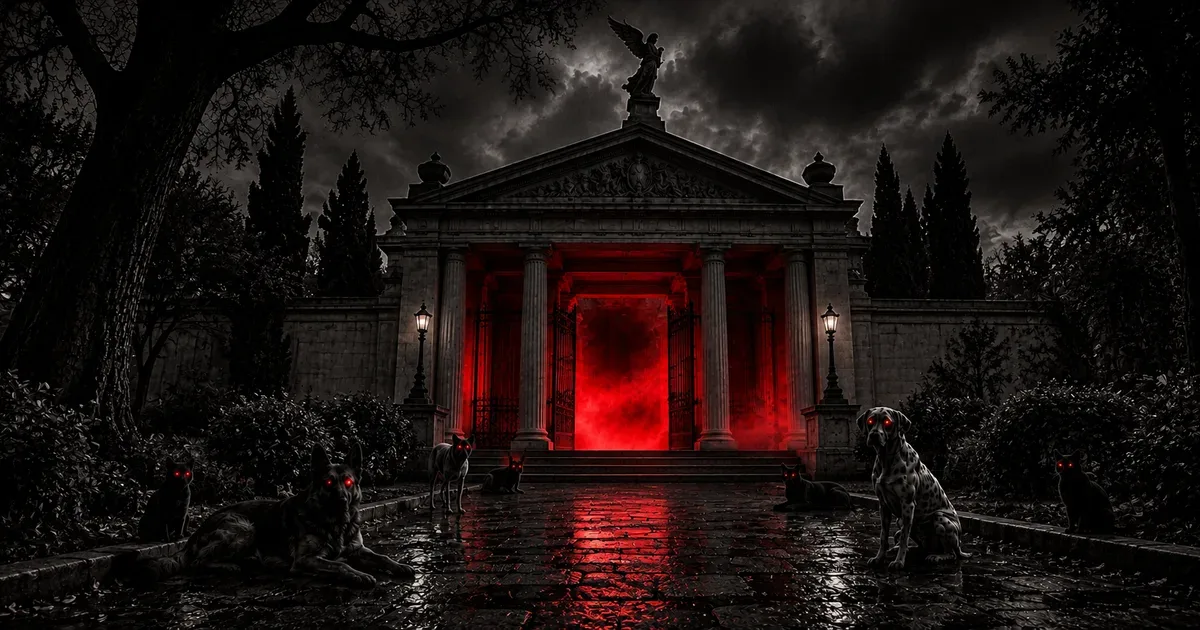 El pórtico neoclásico de un mausoleo del Cementerio de la Chacarita de noche, con bruma roja entre las columnas y animales de ojos rojos custodiando la entrada sobre los adoquines húmedos