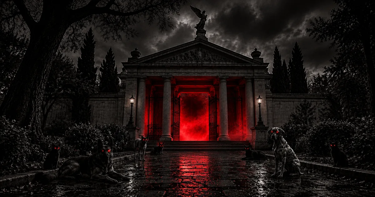 El pórtico neoclásico de un mausoleo del Cementerio de la Chacarita de noche, con bruma roja entre las columnas y animales de ojos rojos custodiando la entrada sobre los adoquines húmedos