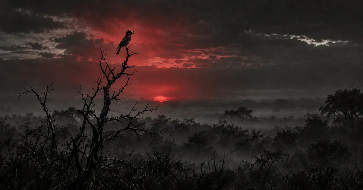 Un pájaro pequeño y solitario posado en la rama más alta de un árbol seco del monte santiagueño al atardecer, con el pico entreabierto como en un lamento y un tenue resplandor rojo en el aire