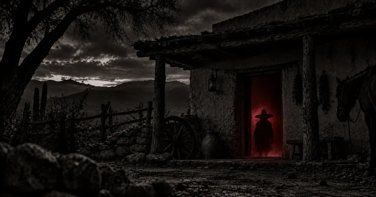 La silueta pequeña de un duende de sombrero enorme parado en el umbral de un rancho en penumbras del norte argentino, con un tenue resplandor rojo y olor a azufre insinuado en el aire