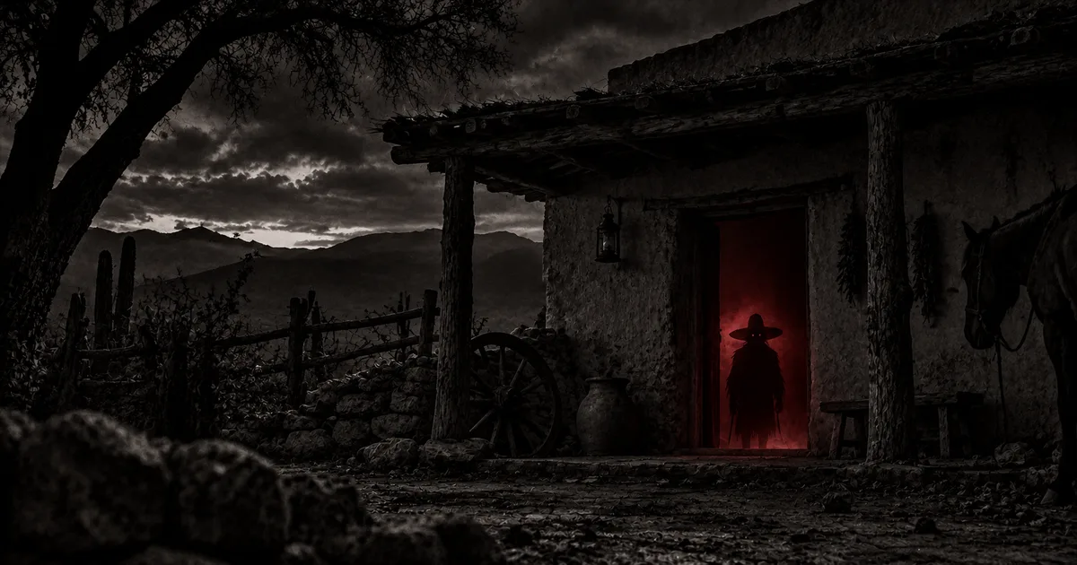 La silueta pequeña de un duende de sombrero enorme parado en el umbral de un rancho en penumbras del norte argentino, con un tenue resplandor rojo y olor a azufre insinuado en el aire