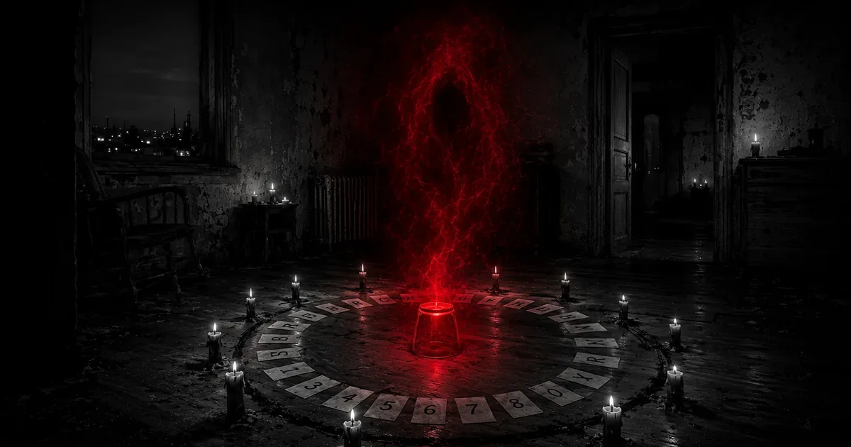 Departamento abandonado a la luz de las velas con una copa invertida sobre un tablero de letras, envuelto en bruma roja