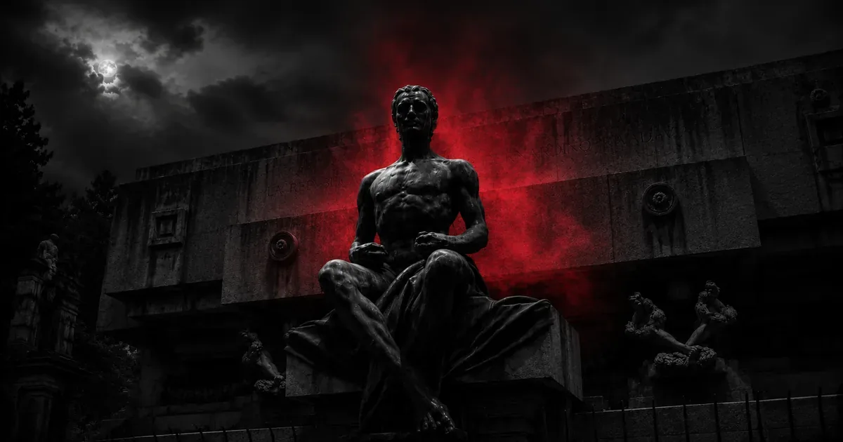 Mausoleo de Rivadavia en la Plaza Miserere de noche, envuelto en una bruma roja espectral