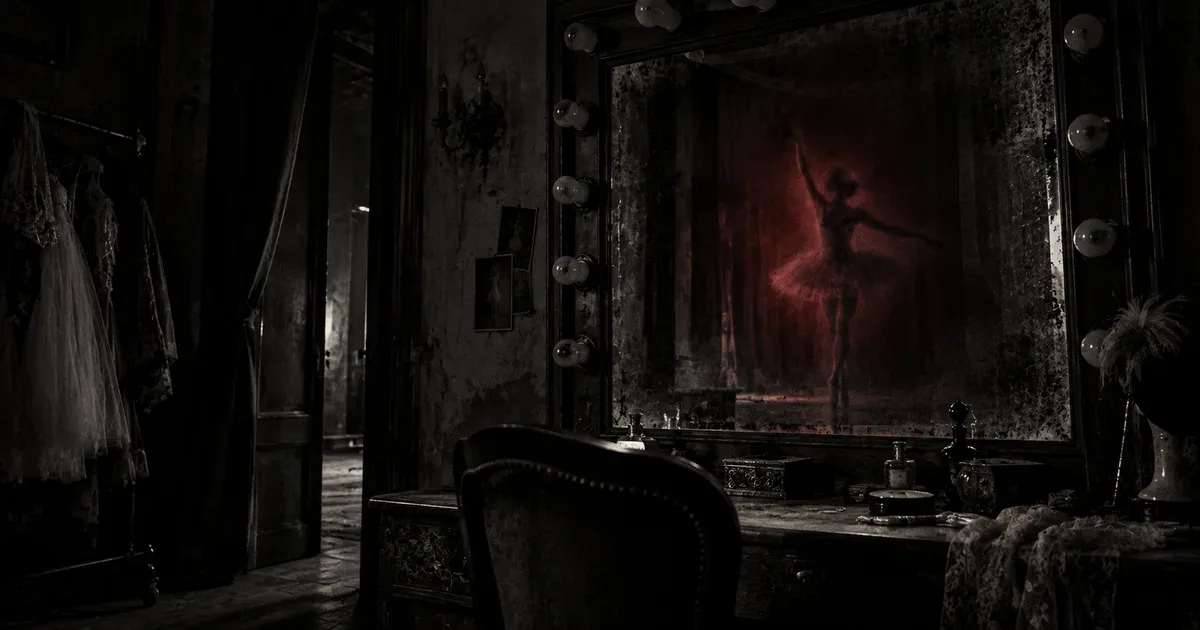 El interior en penumbras de un camarín de teatro antiguo con un gran espejo rodeado de luces apagadas, en el que se insinúa el reflejo difuso de una bailarina que no está en la sala, con un tenue resplandor rojo