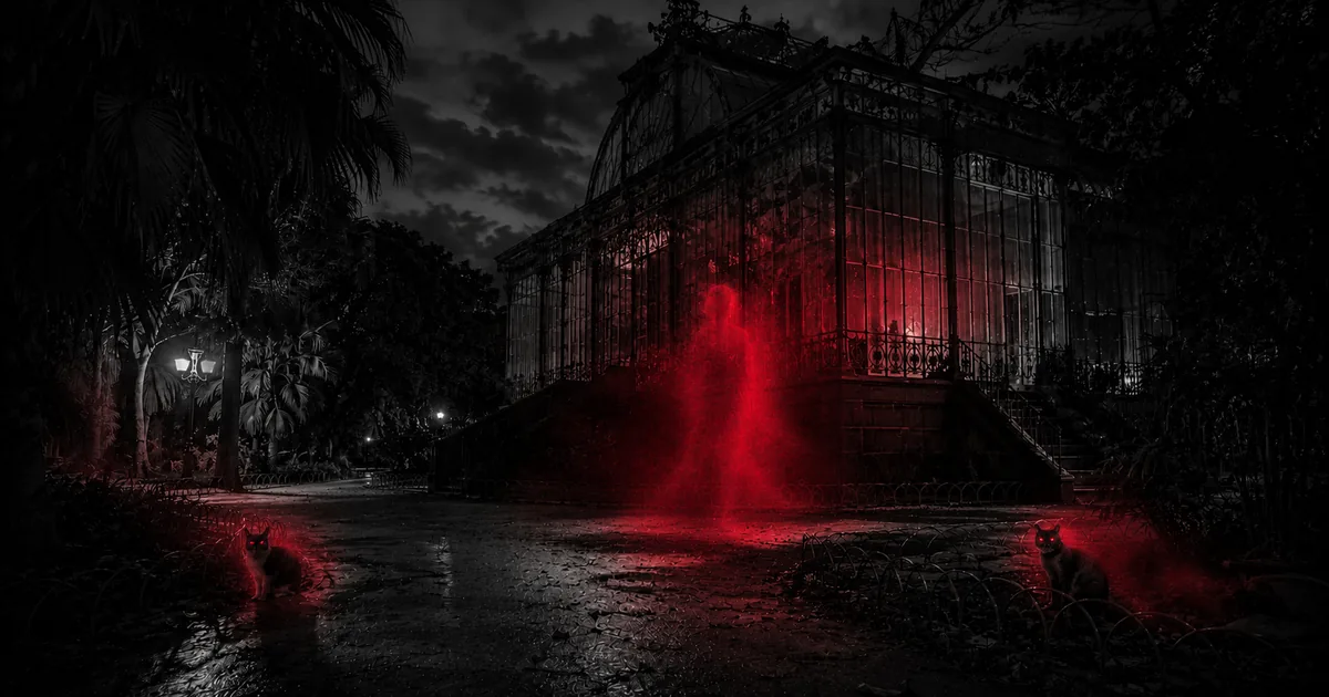 Invernadero del Jardín Botánico Carlos Thays de noche, con manchas blancas espectrales y gatos entre la vegetación, envuelto en bruma roja