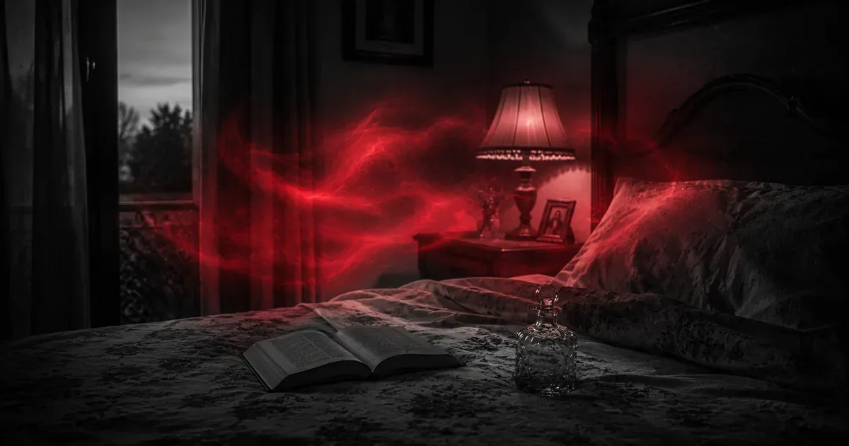 Dormitorio en penumbras con un pequeño frasco de perfume sobre la cama y una presencia cálida envuelta en bruma roja flotando en el aire
