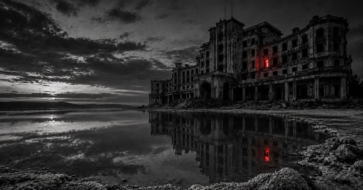 La imponente fachada en ruinas del Gran Hotel Viena a orillas de la laguna Mar Chiquita al atardecer, con sus ventanas oscuras y vacías y un tenue resplandor rojo filtrándose desde el interior