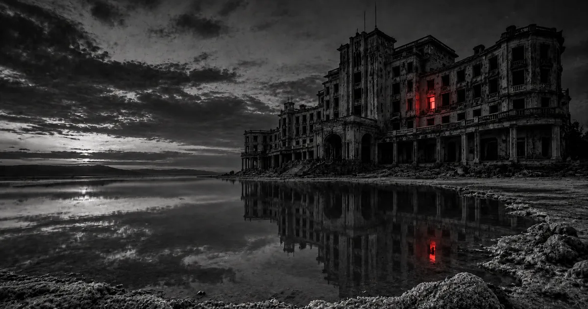 La imponente fachada en ruinas del Gran Hotel Viena a orillas de la laguna Mar Chiquita al atardecer, con sus ventanas oscuras y vacías y un tenue resplandor rojo filtrándose desde el interior