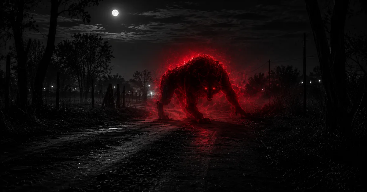 Descampado de tierra de noche bajo la luna llena, con la enorme silueta bestial de un lobizón de ojos brillantes, envuelta en bruma roja