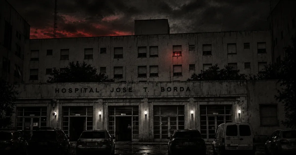 El pabellón antiguo del Hospital Borda al atardecer, con su arquitectura de fines del siglo XIX, paredes con grafitis y un tenue resplandor rojo filtrándose por una ventana