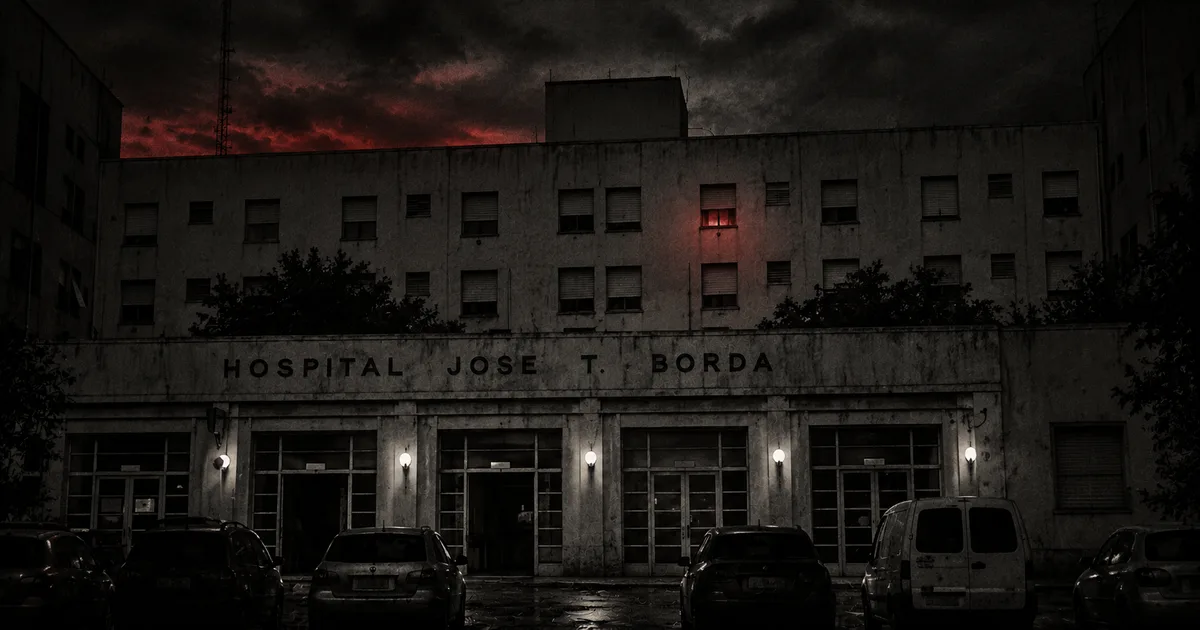 El pabellón antiguo del Hospital Borda al atardecer, con su arquitectura de fines del siglo XIX, paredes con grafitis y un tenue resplandor rojo filtrándose por una ventana