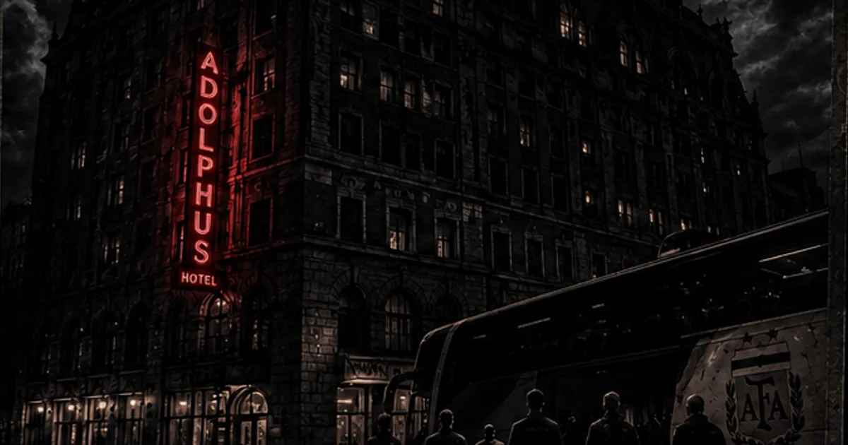 Fachada nocturna del Hotel Adolphus en Dallas, con su cartel de neón rojo y siluetas de personas bajando de un micro con el escudo de la AFA