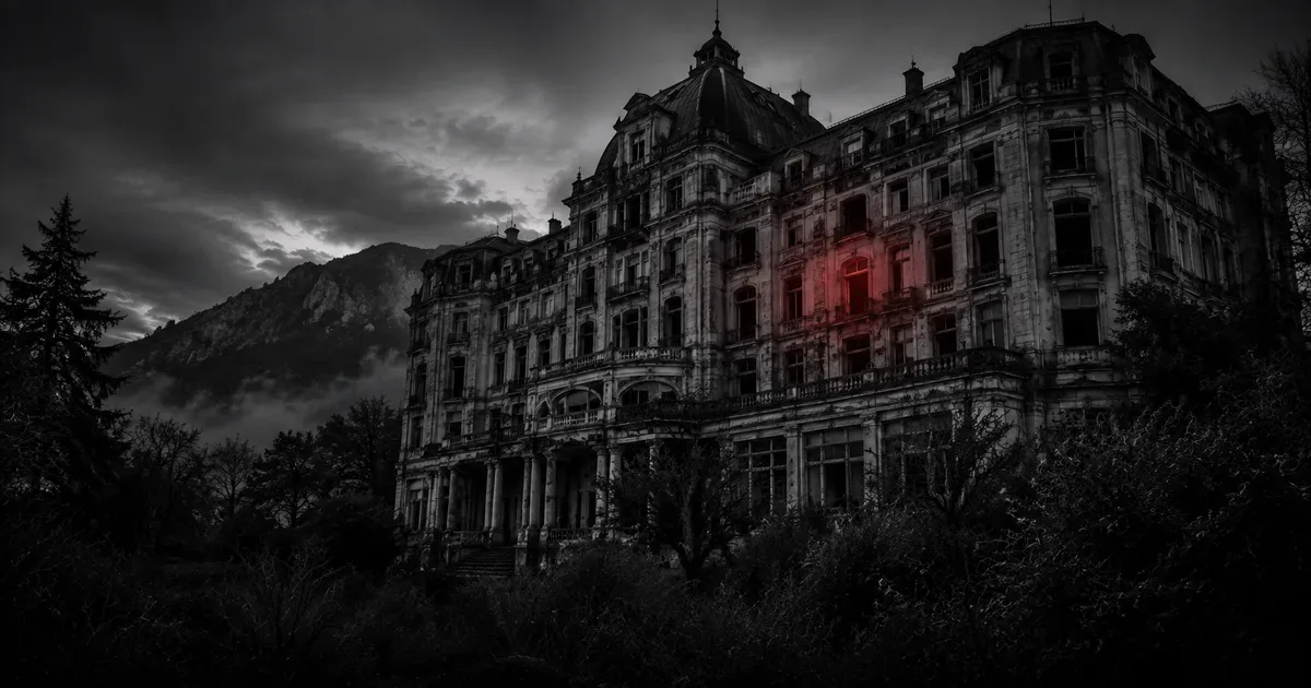 La fachada imponente y en ruinas del Hotel Edén en La Falda al atardecer, con sus ventanas oscuras y vacías, y un tenue resplandor rojo filtrándose desde una de ellas