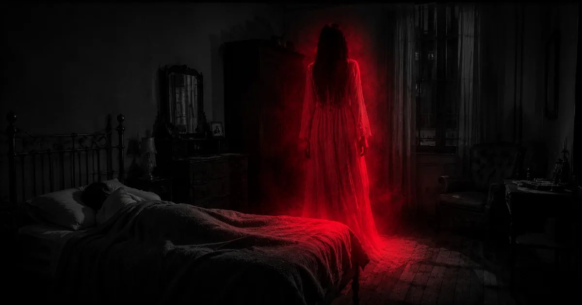 Habitación de pensión antigua de noche con la silueta de una mujer alta de camisón blanco al pie de la cama, envuelta en bruma roja