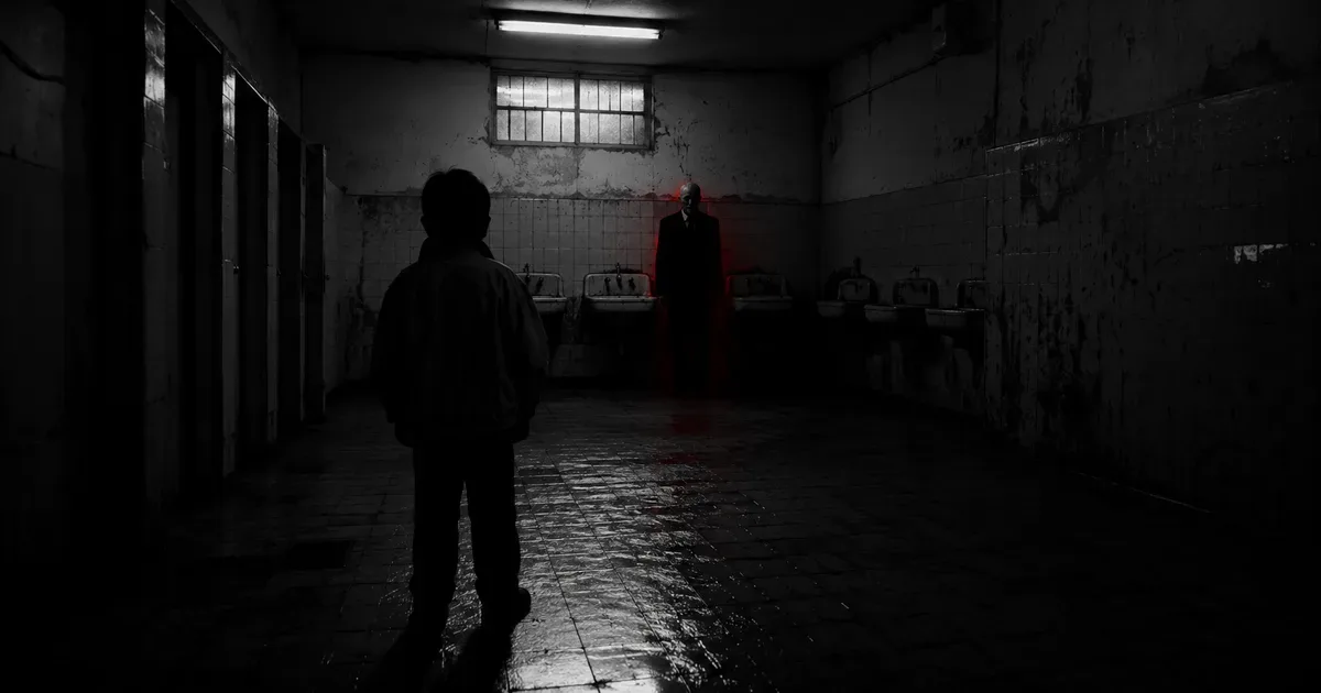 Silueta de una figura inmóvil y elegante de rostro vacío parada frente a la puerta de chapa de un baño en un cementerio en penumbras, con un tenue halo rojo a su alrededor