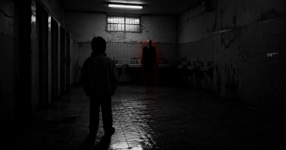 Silueta de una figura inmóvil y elegante de rostro vacío parada frente a la puerta de chapa de un baño en un cementerio en penumbras, con un tenue halo rojo a su alrededor