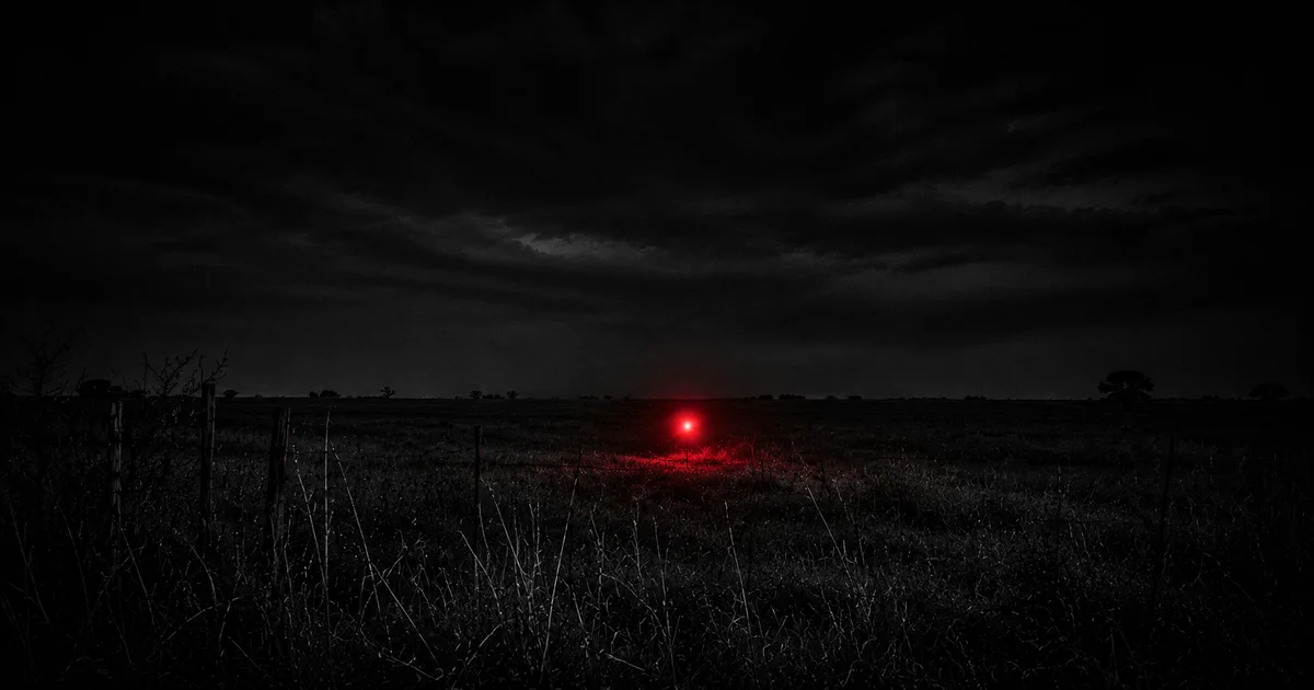 Una esfera de luz fantasmal y tenue flotando sobre un campo oscuro y neblinoso en la noche, con un halo rojizo apenas perceptible a su alrededor