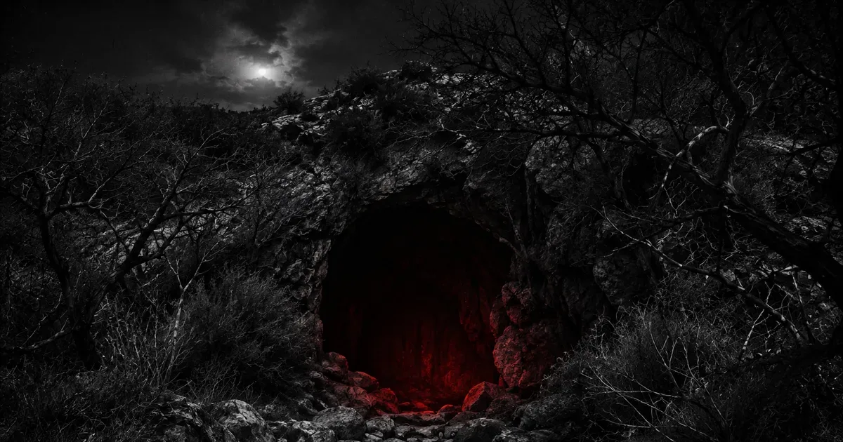 La boca oscura de una cueva en el monte del noroeste argentino de noche, con un tenue resplandor rojo saliendo de su interior y proyectándose sobre las rocas