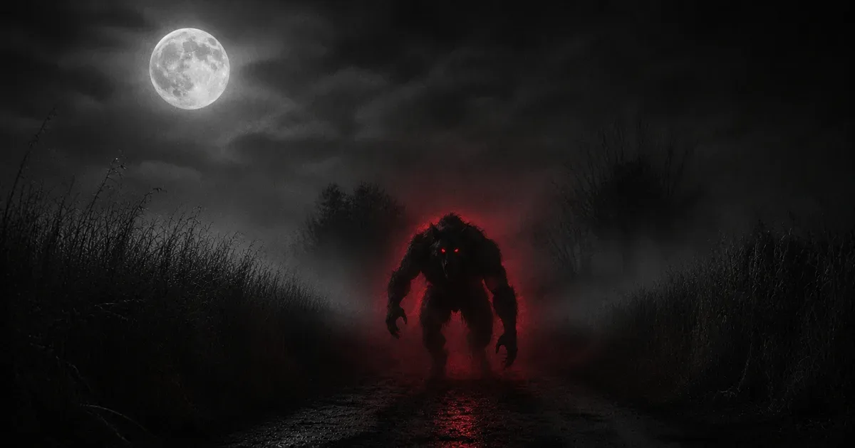 Un lobizón de ojos rojos avanza por un camino rural envuelto en niebla, bajo una luna llena, de noche