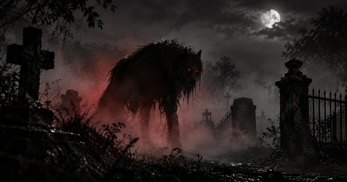 La silueta oscura y ambigua de una figura encorvada entre la niebla de un cementerio del nordeste argentino de noche, mitad hombre mitad perro, con el pelo largo cubriéndole el cuerpo y un tenue resplandor rojo en los ojos