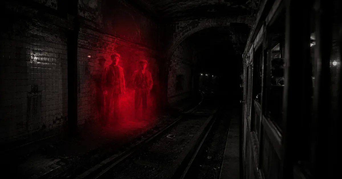 Túnel del viejo subte de la Línea A en penumbras, con dos figuras inmóviles envueltas en bruma roja junto a las vías