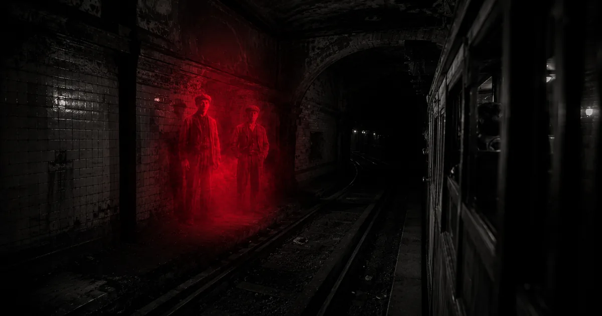 Túnel del viejo subte de la Línea A en penumbras, con dos figuras inmóviles envueltas en bruma roja junto a las vías