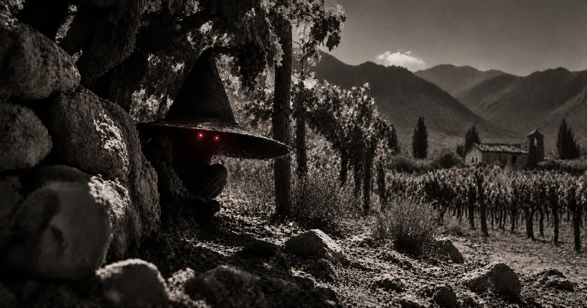 La silueta pequeña y agazapada de un duende de gran sombrero y ojos ardientes entre viñedos y peñas de un cerro riojano a la hora de la siesta, con un tenue resplandor rojo en la mirada