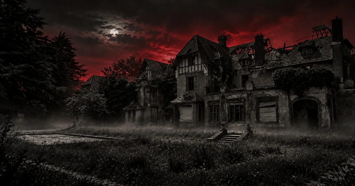 La fachada imponente y en ruinas de un palacio abandonado de tres plantas entre la arboleda de Tandil al atardecer, con sus ventanas tapiadas y oscuras y un tenue resplandor rojo filtrándose desde el interior