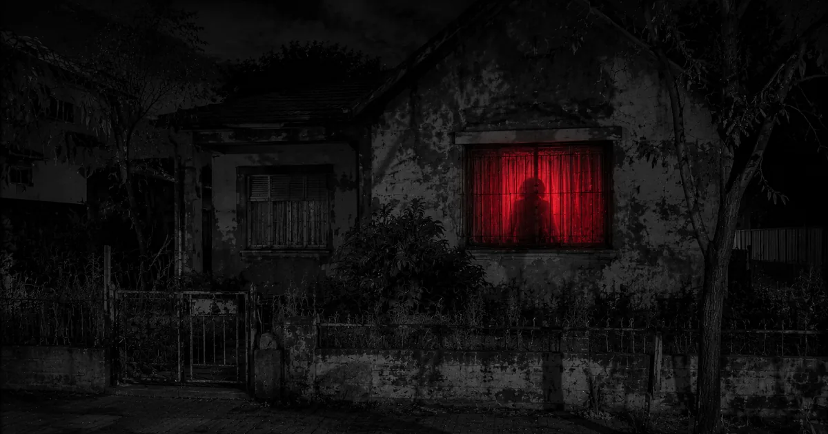 Casa abandonada de Lanús de noche, con una sombra detrás de la ventana cubierta por viejas cortinas, envuelta en bruma roja