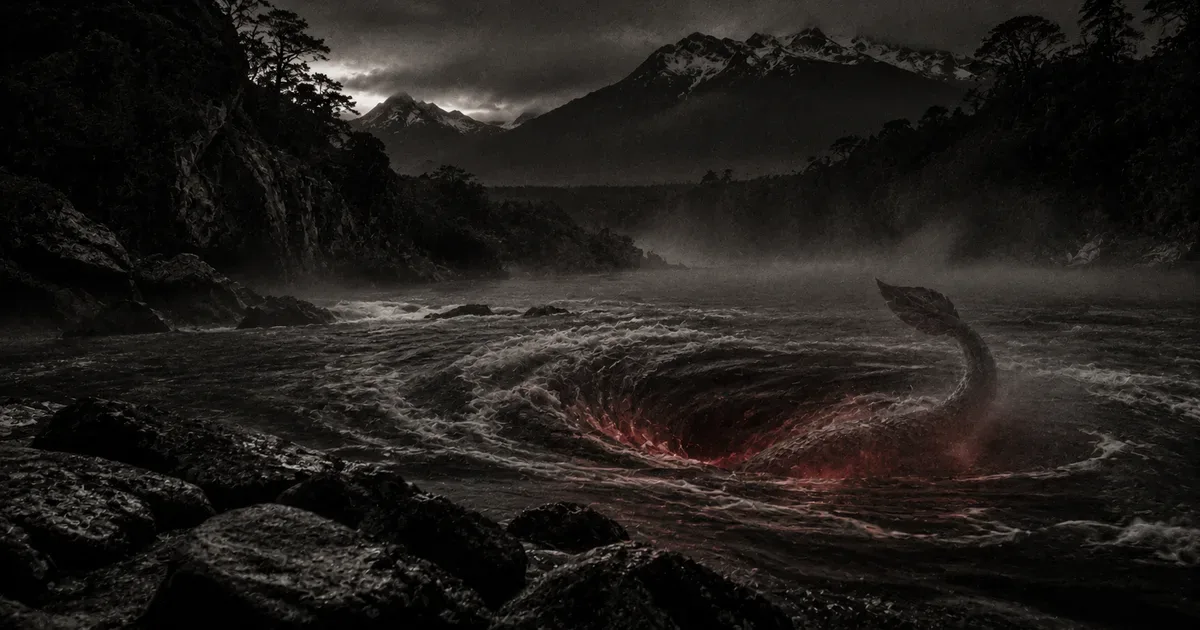 Un remolino oscuro girando en las aguas de un río patagónico al atardecer, con la silueta ambigua de una cola escamosa asomando entre la espuma y un tenue resplandor rojo bajo la superficie