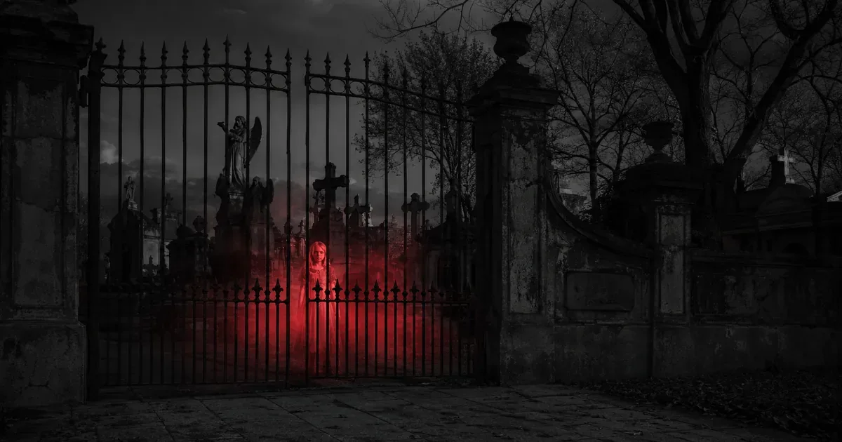 Niña rubia de aspecto pálido asomándose entre las rejas del cementerio de Lanús al anochecer, envuelta en bruma roja