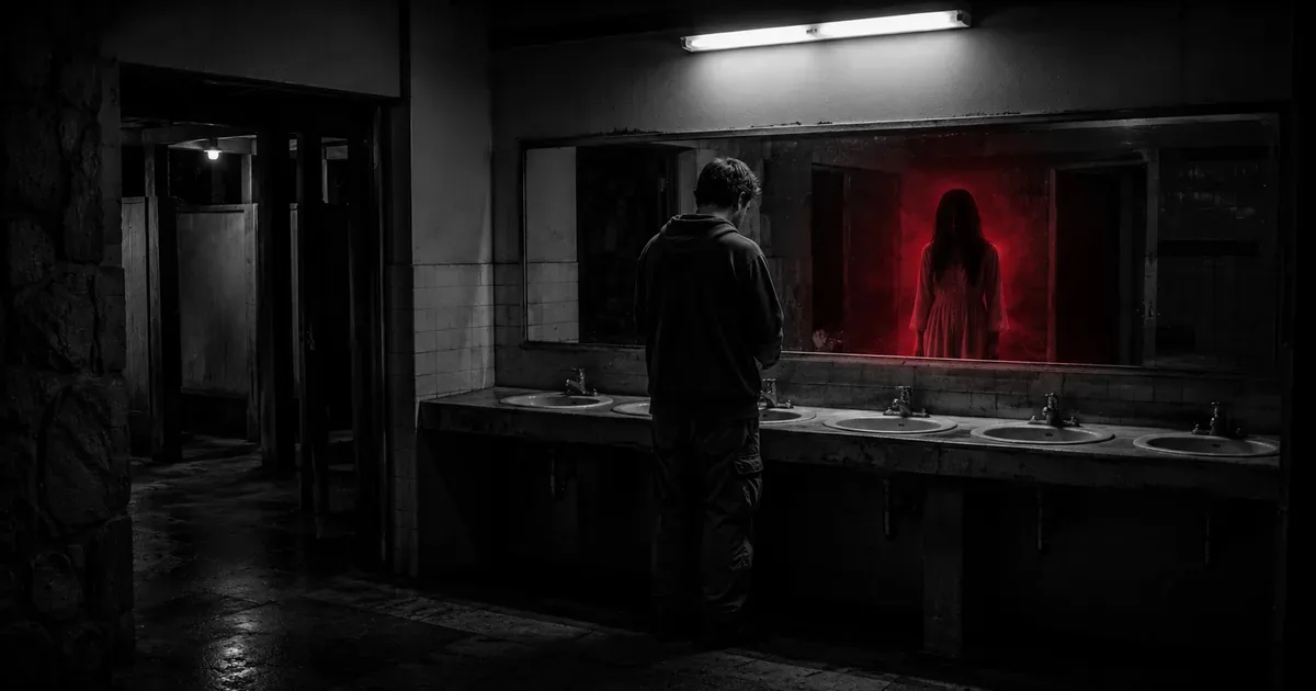 Camping en las afueras de Tandil de noche con niebla baja y la figura de una joven inmóvil junto a un alambrado, envuelta en bruma roja