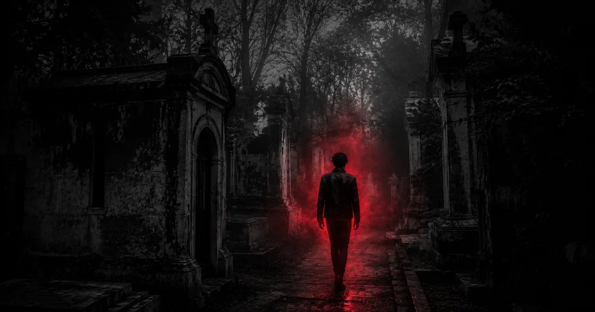 Cementerio de Miramar de noche bajo una luna menguante, con bóvedas antiguas entre la bruma