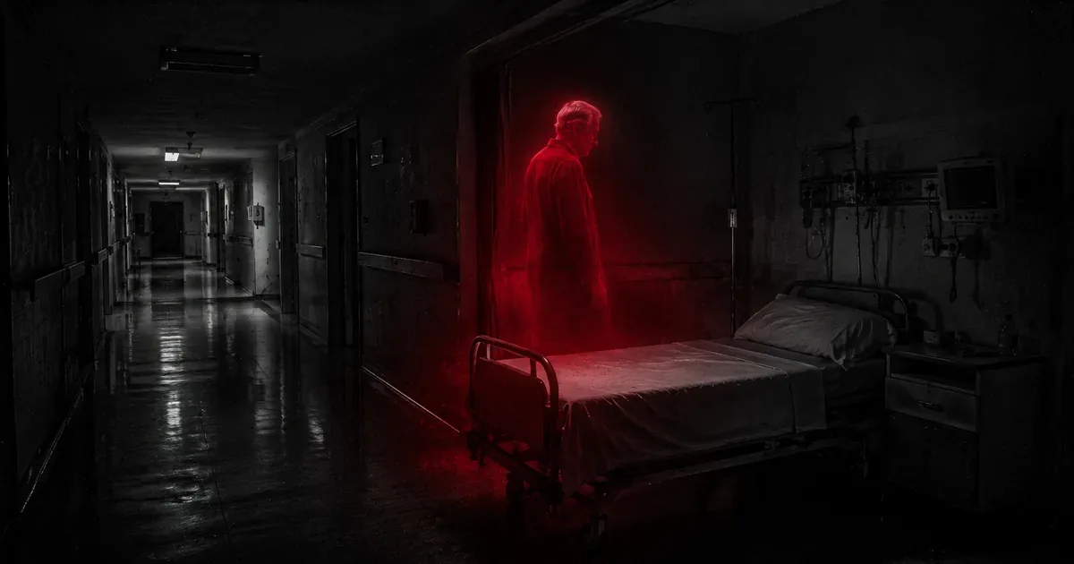 Pasillo de hospital de madrugada con la silueta de un anciano espectral junto a una cama vacía, envuelto en bruma roja