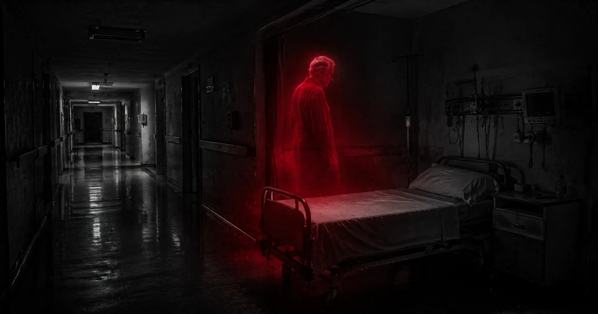 Pasillo de hospital de madrugada con la silueta de un anciano espectral junto a una cama vacía, envuelto en bruma roja