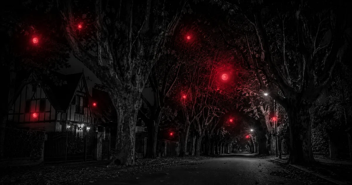 Calle arbolada de Ranelagh de noche con una pequeña esfera de luz flotando entre los árboles, envuelta en bruma roja
