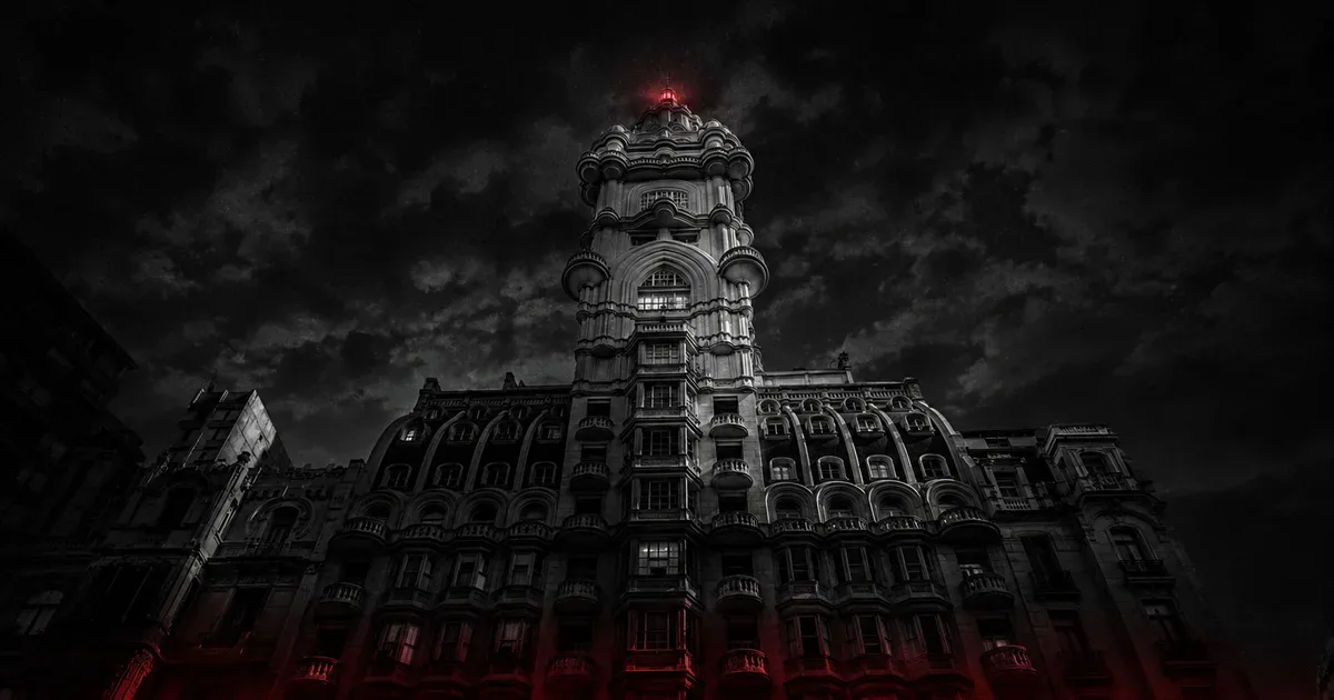 La imponente silueta del Palacio Barolo recortada contra el cielo nocturno de Buenos Aires, con su faro encendido en lo alto de la cúpula y un tenue resplandor rojo en su base