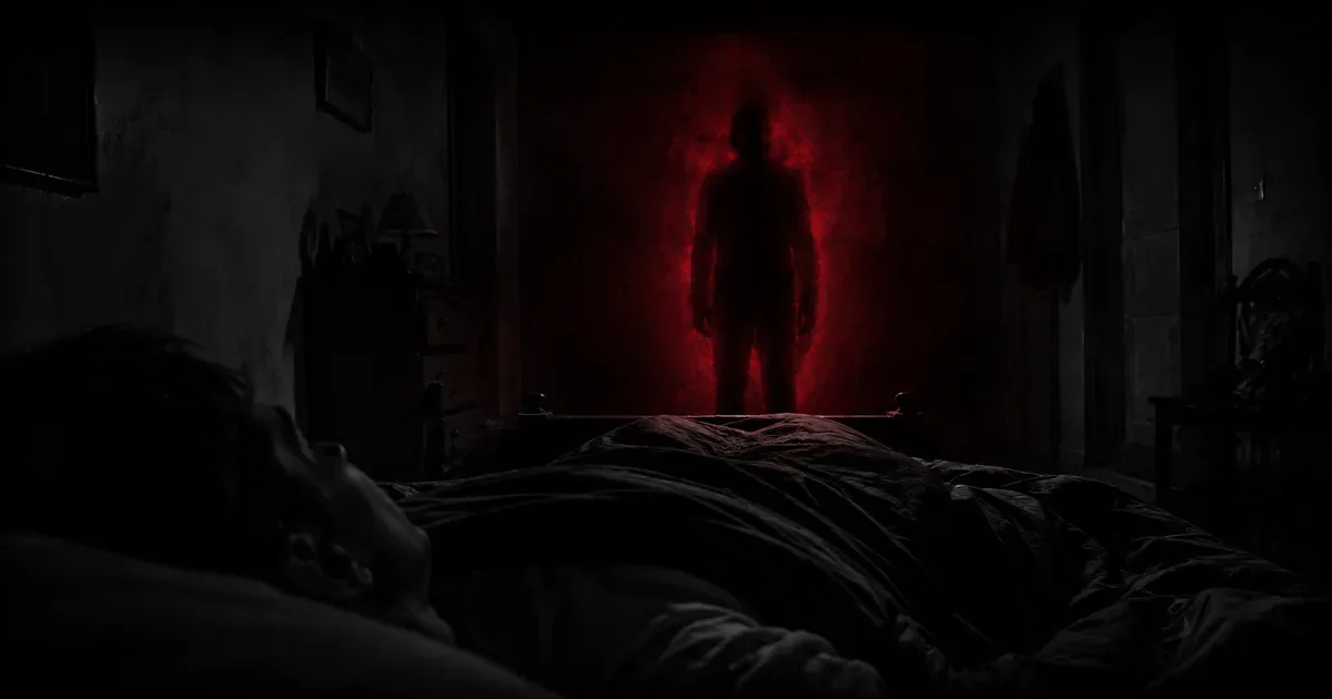 Dormitorio a oscuras con una persona inmóvil en la cama y una sombra sin rasgos a los pies, envuelta en bruma roja