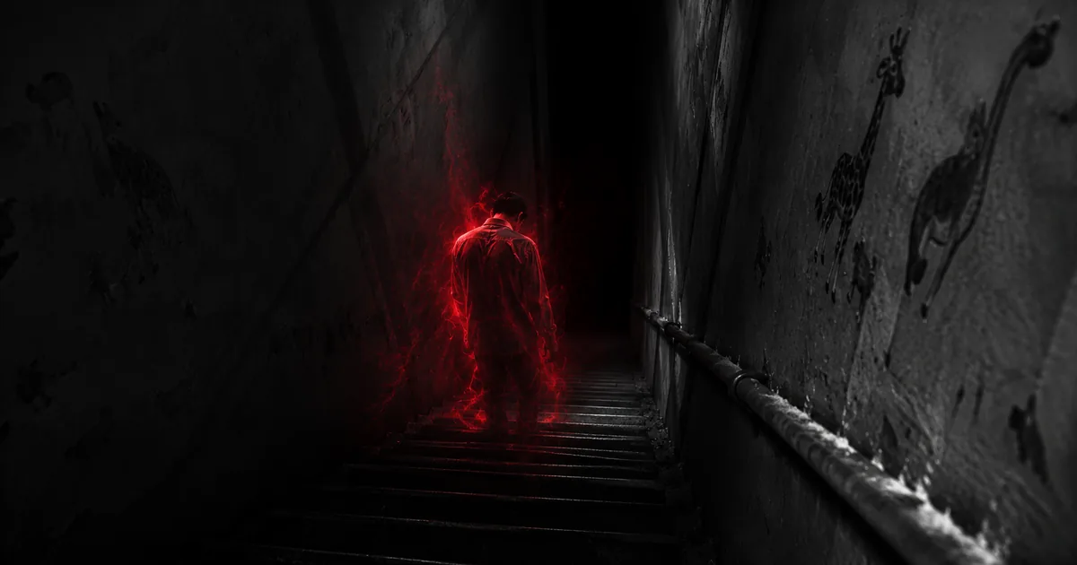 Pasillo de un instituto nocturno sumido en penumbras, bañado por una débil luz roja al fondo